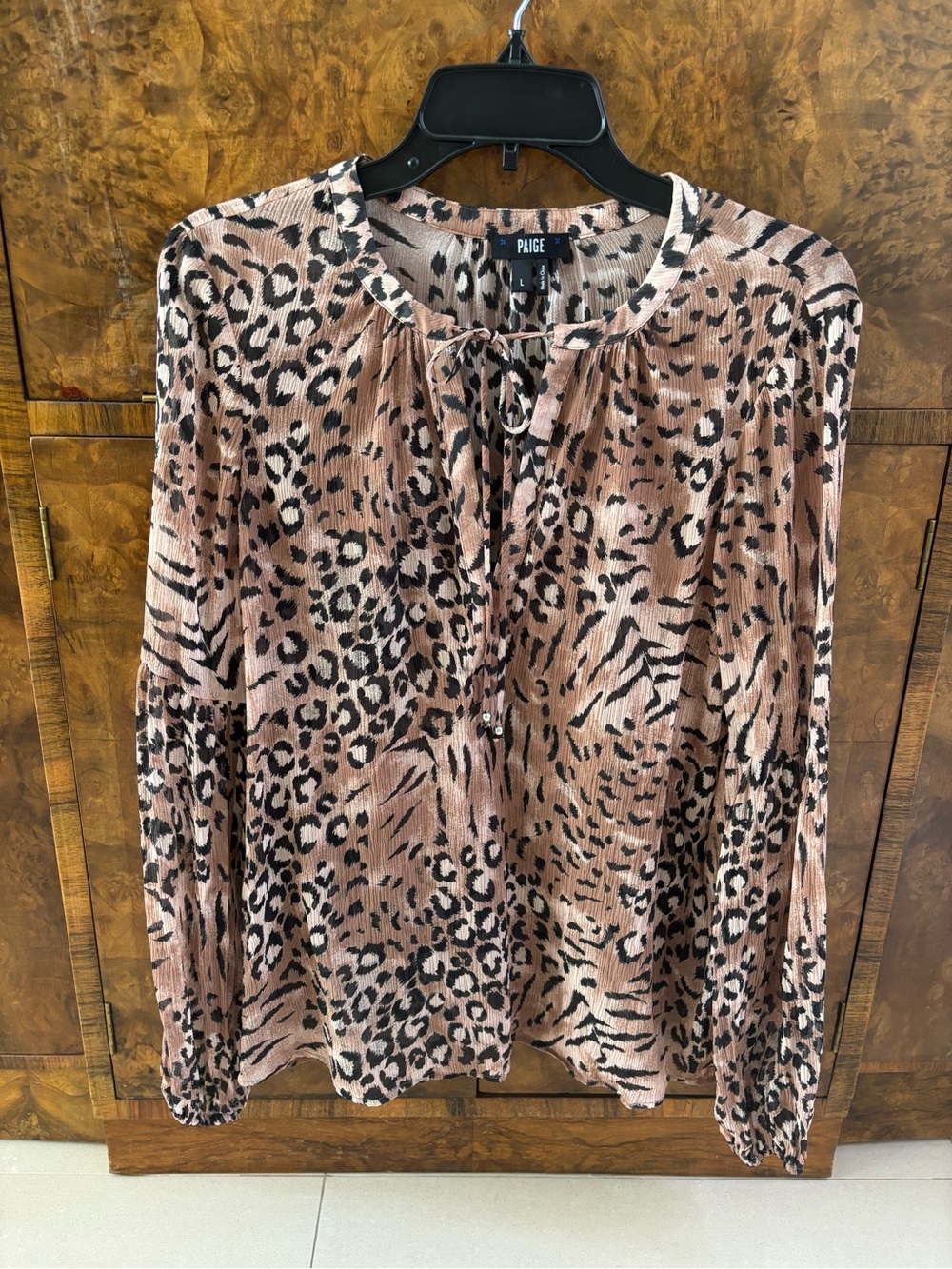 PAIGE Silk Animal Print Tie-Neck Blouse, EUC, Size L